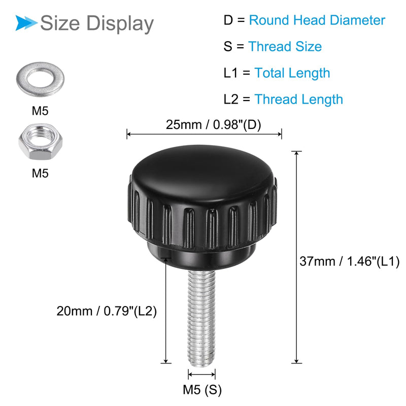 Thumb Screw Knurled Knobs Set, M5 x 20mm Male Thread 25mm Head, Clamping Screw Threaded Stud Hand Knobs Grip Kit with Nuts Washers, (Applications: for Machinery Lathes), 4-Set