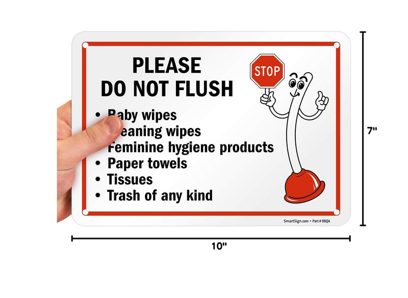 SmartSign 7" x 10" 'Please Do Not Flush Wipes/Feminine Hygiene Products/Paper Towels/Tissues/Trash' Bathroom Sign with Funny STOP Symbol, 55 mil HDPE Plastic, Red/Black/White, USA-Made 7" x 10" - Plastic