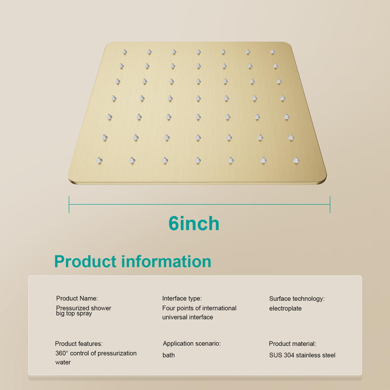 6 Inch Rain Shower head, High Flow Stainless Steel Rainfall Shower Head, High Pressure Design (Brushed Gold, Square) Brushed Gold