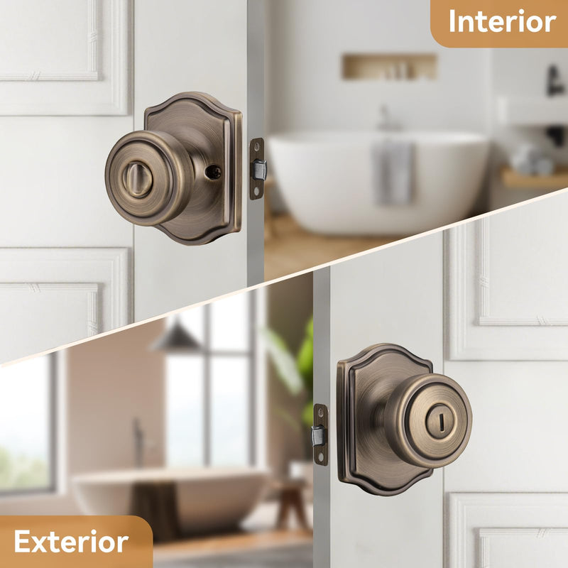 Antique Brass Door Knobs for Privacy Bath & Bedroom with Turn Lock, Interior Door Knobs with Camelot Trim 1 Antique Brass