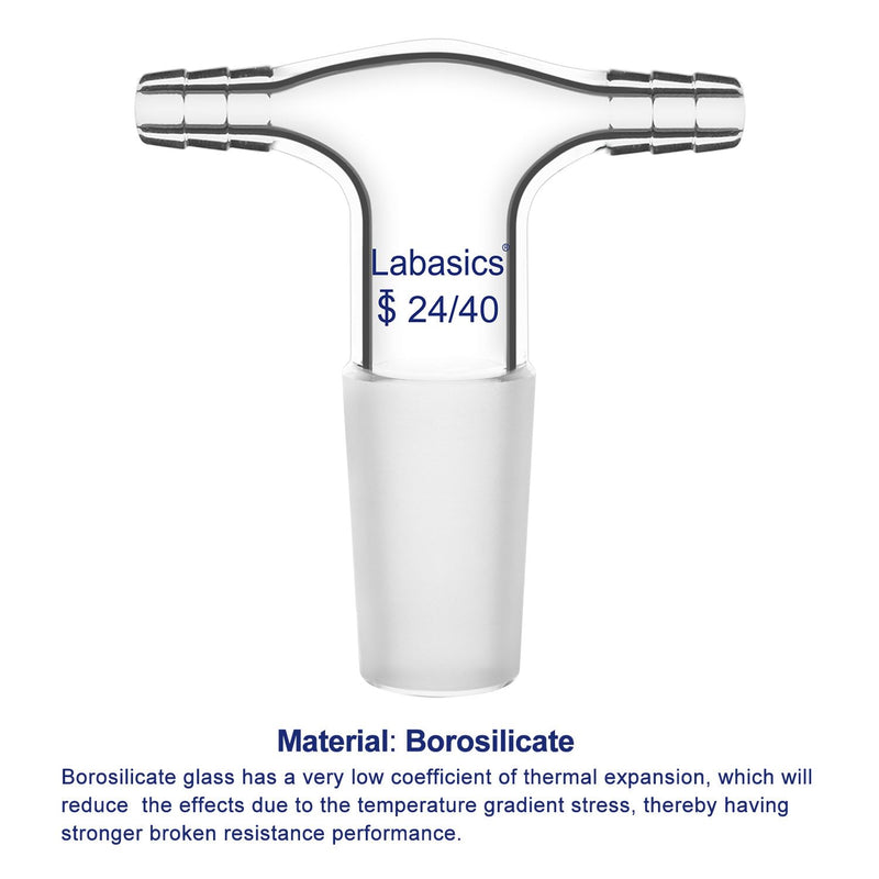 Labasics Glass T-Shape Vacuum/Inert Gas Adapter, Glass Dual Hose Inlet Adapter with 24/40 Inner Joint for Lab Distillation 24/40 Joint