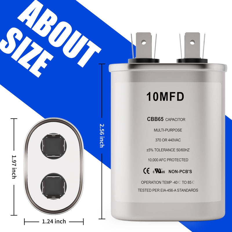 10 uF/MFD Capacitor for AC, 370 or 440 VAC CBB65 Dual Run Oval Capacitors for AC Motor Run, Fan Start, Condenser Straight Cool, Heat Pump, Air Conditioner, and Pool Pump (Oval) 10 MFD