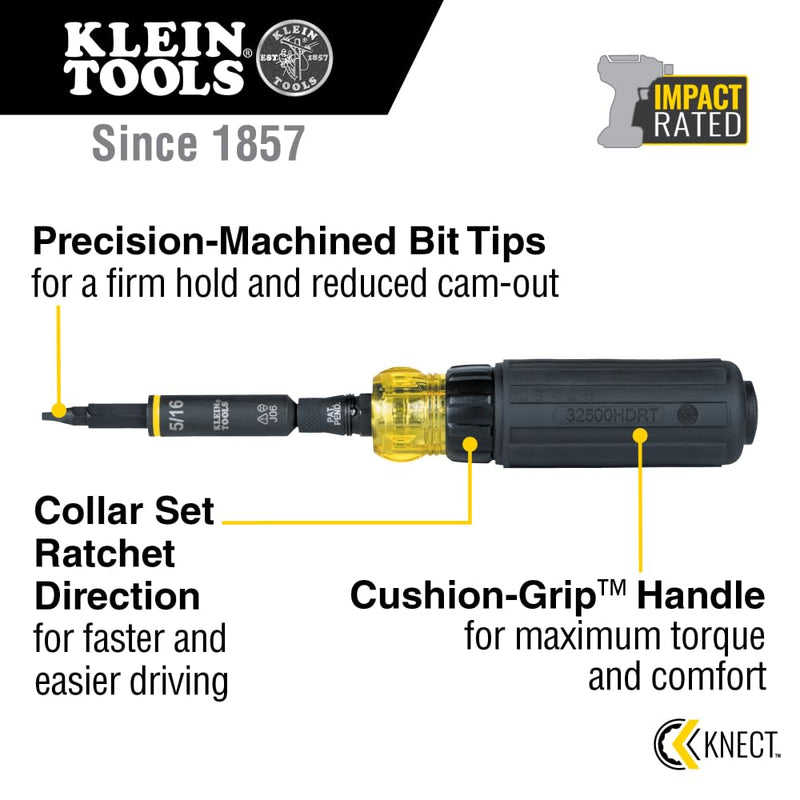 Klein Tools 32500HDRT KNECT Ratcheting Screwdriver, Multi-Bit Screwdriver / Nut Driver, Impact Rated 11-in-1 Tool with Phillips, Slotted, Square and Torx Tips Ratcheting Handle