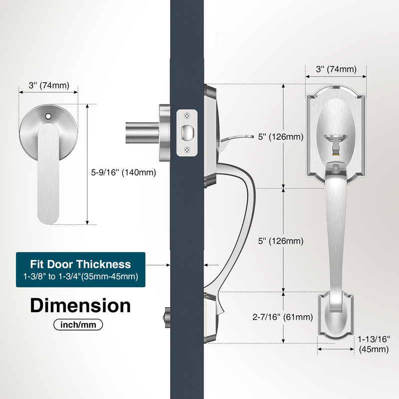 Front Door Handle No Lock, Entry Door Handle Exterior with Interior Reversible Handle Lever, Lower Half Grip, Single Cylinder, Door Handle Sets for Right or Left Handed Door, Satin Nickel