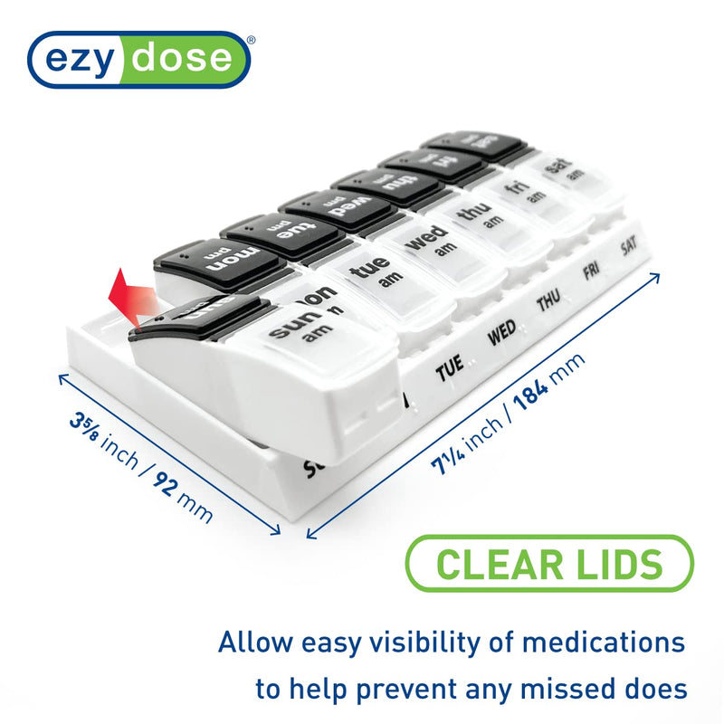 EZY DOSE Weekly (7-Day) Daily AM/PM Pill Case, Medicine Planner, Vitamin Organizer, Supplement Container, Large Pop-Out Compartments, Designed for Travel 2 Times a Day, Black and White Lids Black and Natural