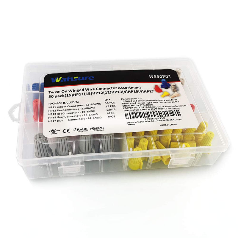 50Pcs Electrical Wire Connectors Twist Caps,Winged Screw Nuts Kit with Spring Insert for HVAC,6-22 AWG Winged Screw