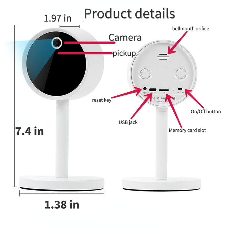 WiFi Indoor Camera, Battery Powered,1080P, Mobile app, Night Vision Function, Two-Way Audio for Home Security Desktop Camera. Keh-02 White