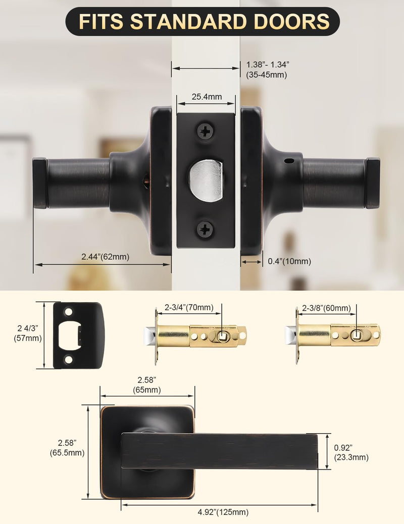 Mengico 2 Pack Passage Door Levers Oil Rubbed Bronze Finish, No-Locking Keyless Square Door Knob, Interior Door Handles for Closet and Hallway, Reversible for Left & Right Handed Passage Function - Keyless