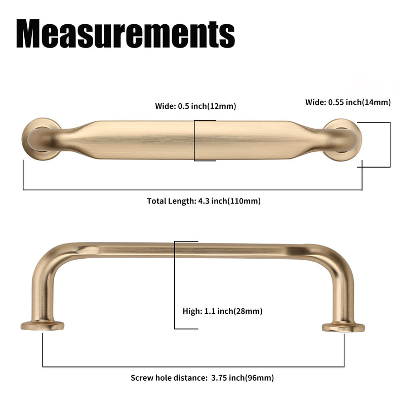 10 Pack Gold 3-3/4 Inch(96mm) Hole Center Kitchen Cabinet Handles Brushed Brass Cabinet Pulls Drawer Hardware for Cupboard Dresser Handles Bathroom 3-3/4"/96MM Hole Center 10 Pack