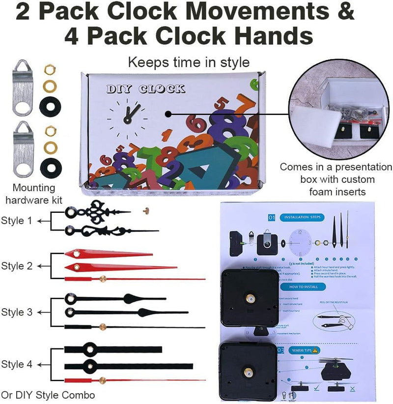 EMOON 2 Pack Wall Clock Movement Mechanism with 4 Pack Clock Hands, Silent Sweep Quartz Clock Motor Kit, for Clock Repair DIY Replacement, Custom Clock (Shaft Length 3/4 in) Total Shaft Length 3/4 in