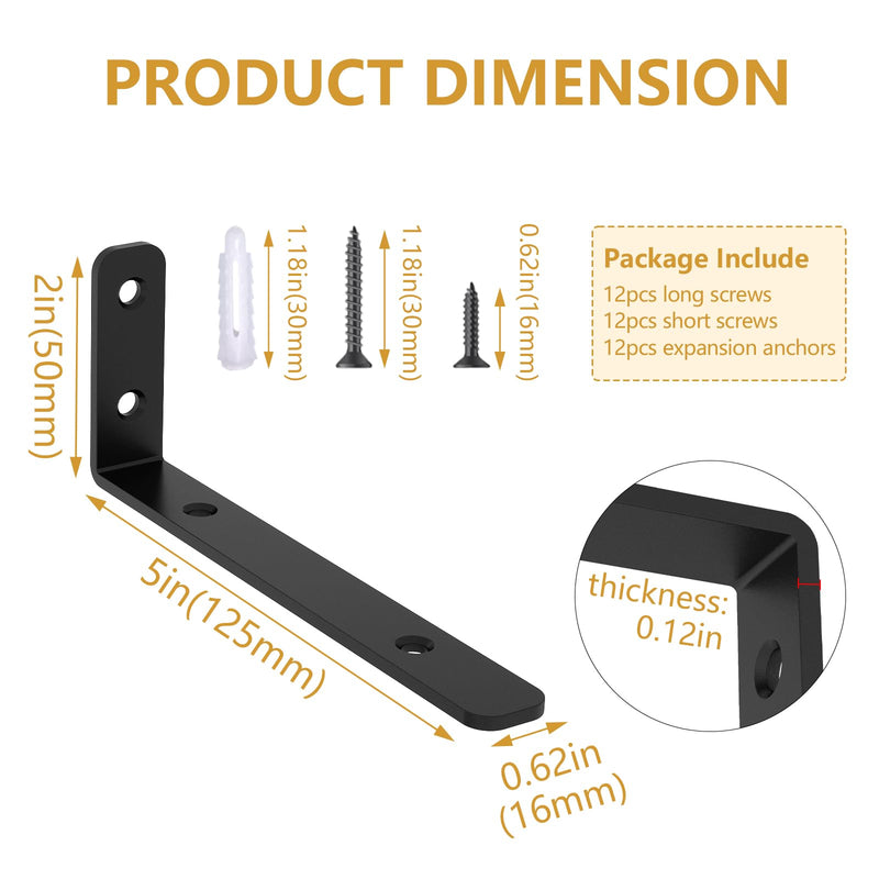 LSK 6PCS L Bracket, Heavy Duty Metal Corner Bracket, 5"×2"(125×50mm) Shelf Support Bracket Max Load : 42lb, Joint Angle Bracket for Wooden Board, Black 5 Inch