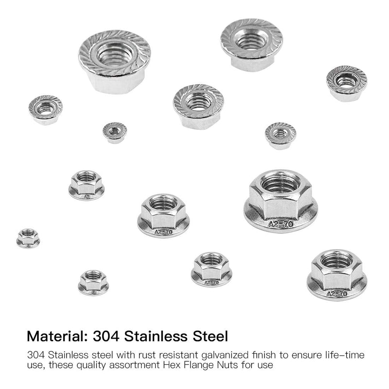 Swpeet 165Pcs 304 Stainless Steel Serrated Metric Flange Nuts Insert Hex Lock Nuts Assortment Kit - M3 M4 M5 M6 M8 M10 M12 M3-M12