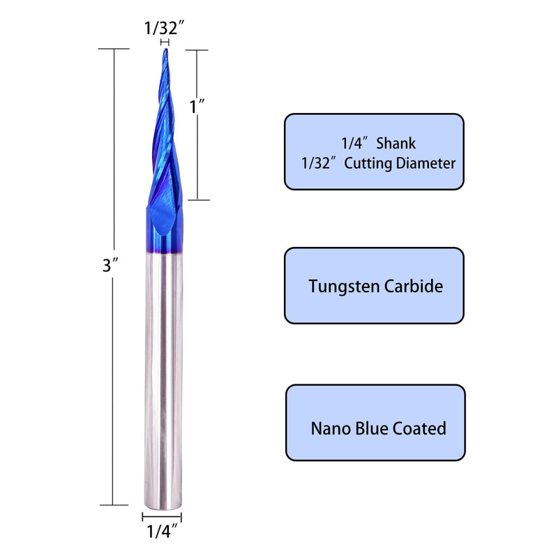 Tapered Ball Nose End Mills 1/4" Shank, 1/32" Cutting Diameter, 6.2 Degree, Solid Carbide CNC Router Bits wiith Nano Coated for 2D/3D Milling Engraving Carving BRB362 6.2Deg