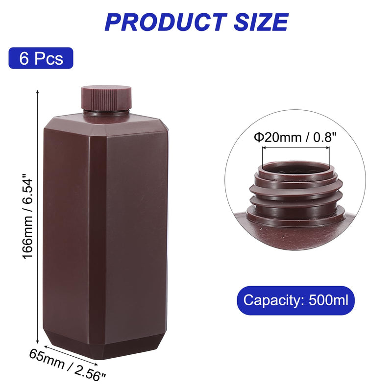PATIKIL Reagent Bottles, 6 Pcs 500ml HDPE Narrow Mouth Square Sample Storage Container with Inner Ring Cover for Lab Water Reagent Liquids Solid Sample Storage Seal, Light Brown
