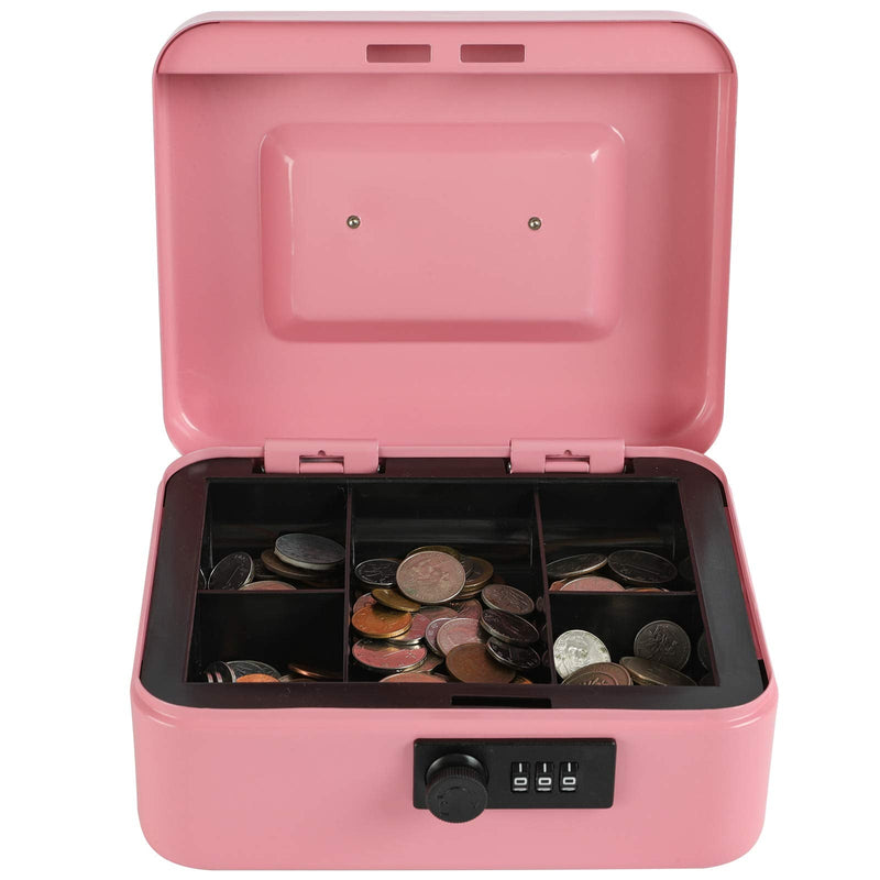 xydled Steel Cash Box Safe with Combination Lock,Money Safe Box with Removable Coin Tray,Medium,7.87"x 6.30"x 3.54",Pink Pink Medium