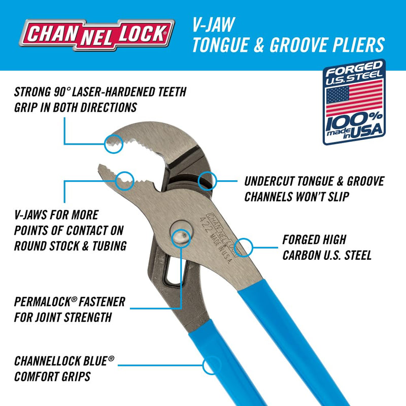 Channellock 422 1-1/2-Inch Jaw Capacity 9-1/2-Inch V-Jaw Tongue and Groove Plier , Blue 9-1/2 inch V jaw Pliers