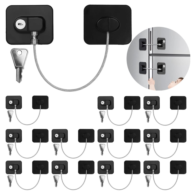 12 PCS Refrigerator Lock with 12 Keys, Adhesive Fridge Locks with Steel Wire, Safety Locks for Freezer, Cabinet, File Drawer, Closet, Kitchen Appliance, Furniture(Black Black