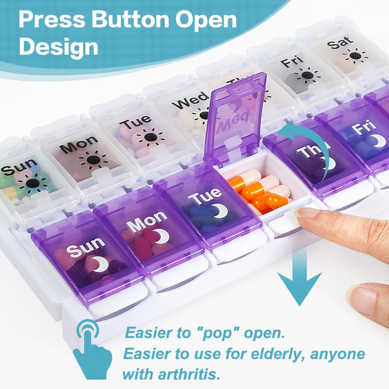Shintop Am Pm Pill Organizer 7 Day, Push Button Weekly Pill Box 2 Times Removable Lid Medication Case Easy Fill Day Night Vitamin Container for Fish Oil Supplements (Purple & White) Purple & White