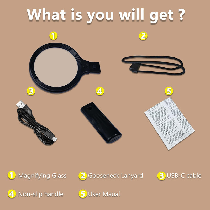 Hands-Free Magnifying Glass with Light, Rechargeable Neck Magnifier for Reading, Crafts, Cross Stitch - Adjustable Brightness for Low Vision Seniors & Close Work (White & Warm Light) White & Warm Light