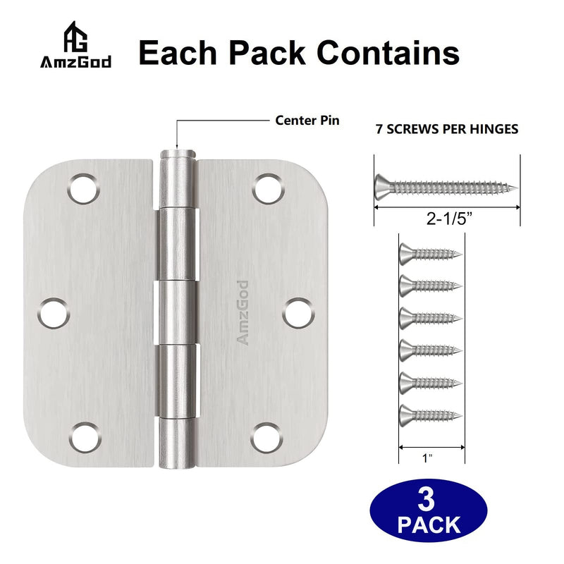 Door Hinges Brushed Nickel - 3 Pack Nickel Door Hinges 3.5 Inch Rounded Interior Satin Nickel Door Hinges with 5/8" Radius - Flat Iron Residential Standard 3 1/2 Inches Silver Door Hardware