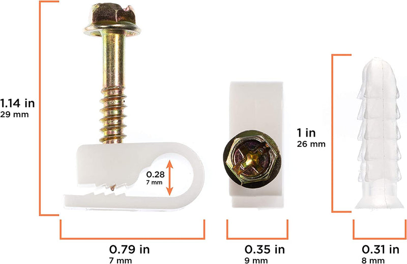 THE CIMPLE CO Ribbed Plastic Conical Anchors and White Cable Screw Clips - for Concrete, Stucco, Brick, Drywall, and Similar - Kit of 10 Screw Clips, and 10 Anchors With White Clips 10 Pack