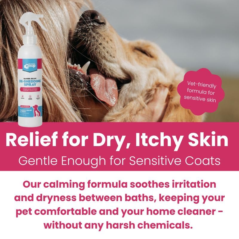 Groomer’s Goop Dander Relief Deshedding Spray – Leave-in Formula Soothes Dry Skin, Reduces Shedding & Dander, Moisturizes with Vegan Collagen & Zinc, Coconut Cleansers – 8 oz