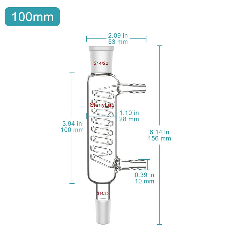 stonylab Graham Condenser, 3.94 inch Small Cooling Path, 14/20 Joint, Laboratory Glassware for Precise Microscale Condensation and Reflux Processes