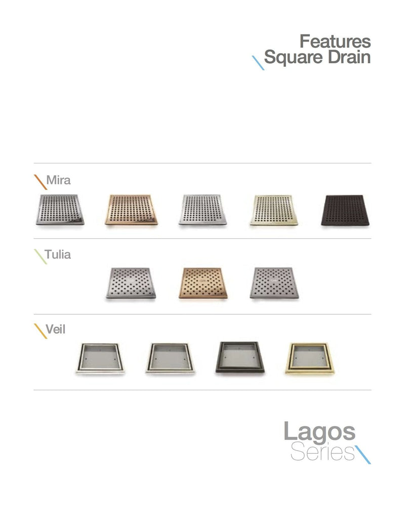 QM Square Shower Drain, Grate made of Stainless Steel Marine 316 and Base made of ABS, Lagos Series Mira Line, 5 inch 3/4, Bronze Finish, Kit includes Hair Trap/Strainer and Key 5 3/4 x 5 3/4