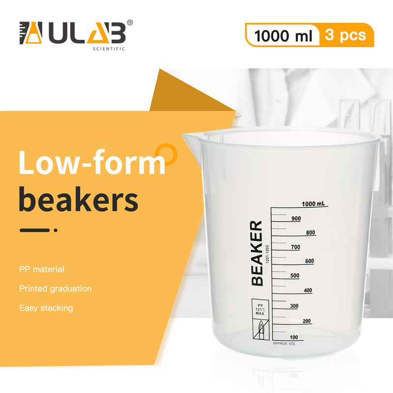 ULAB Scientific Stackable Graduated Plastic Beakers, 3pcs of 1000ml(33.8oz), with Easy-to-Read Printings in Black, UBP1014 3pcs of Vol.1000ml with black printings