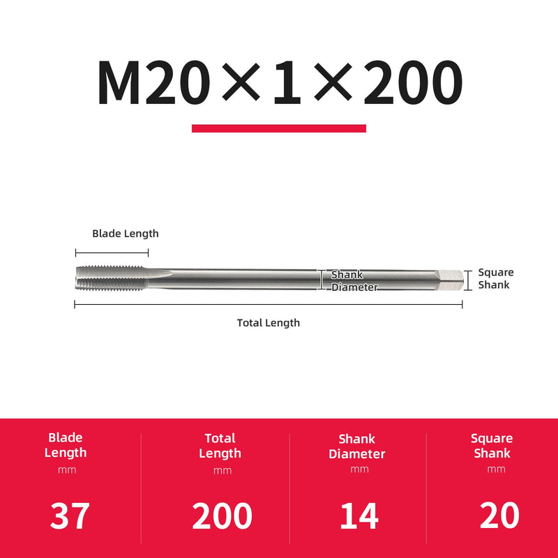 M20×1×200mm Metric Thread tap Extended Extra Long Straight Slot Thread Tapping Dimension HSS Machine taps Repair Tools DRINYOUNG (M20×1×200) M20×1×200