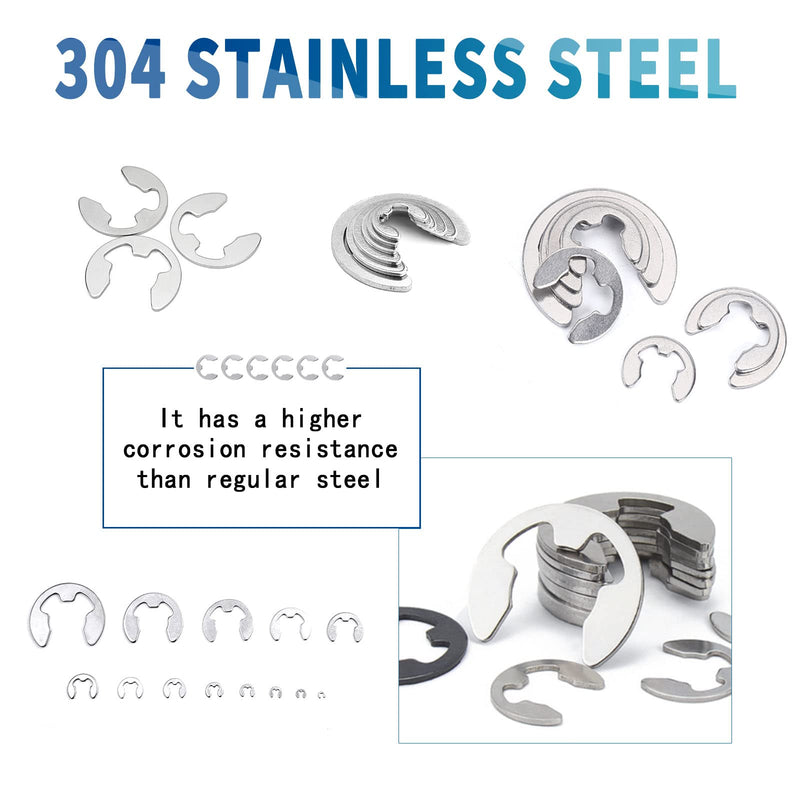 NINDEJIN E-Clip Retaining Rings Assortment Set, 304 Stainless Steel External Snap Ring Clip Kit, 1.2-15mm(13Sizes)E Circlip Retainer Rings for Projects–Car Engines, Locking Mechanisms and Other Shafts E-Clip 304 Stainless Steel
