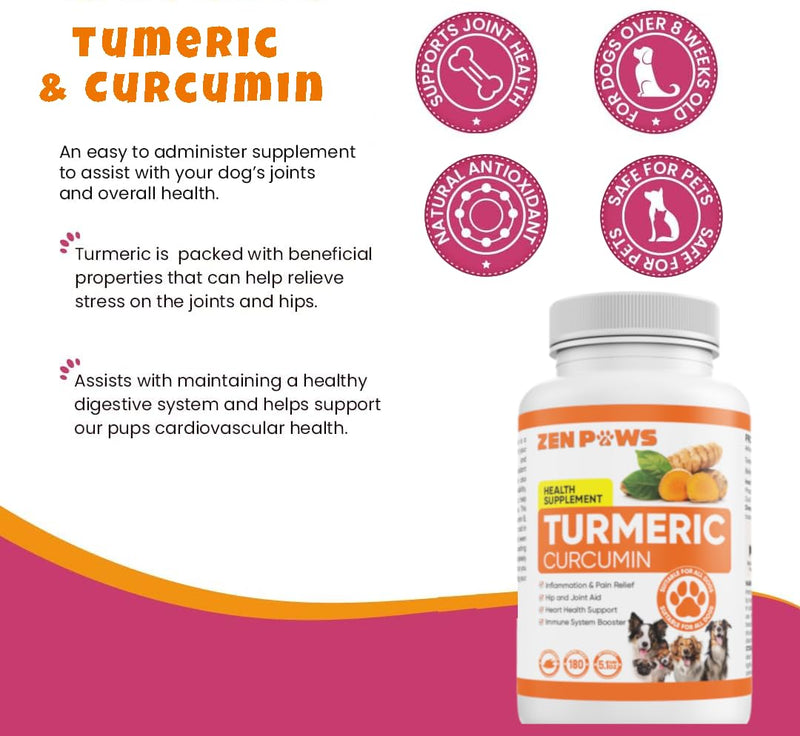 Turmeric for Dogs – 180 Chewable Tablets – Hip and Joint Support with Curcumin & Piperine – Joint Supplement, Anti Inflammatory & Mobility Support, Allergy & Itch Relief - Duck Flavor with Salmon Oil