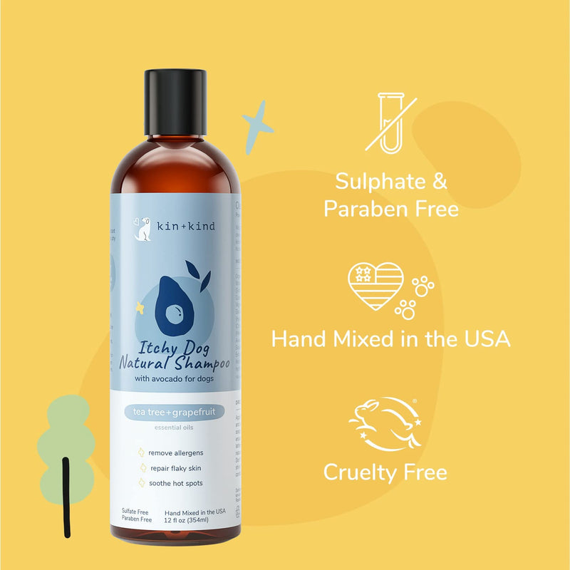 kin+kind Anti-Itch Dog Shampoo for Itchy Skin and Allergies - Safe, Natural Formula with Olive, Coconut, and Avocado Oil - Made in The USA - Great for Dog Grooming and Puppy Supplies (12 fl oz) Tea Tree+Grapefruit - PawsPlanet Australia