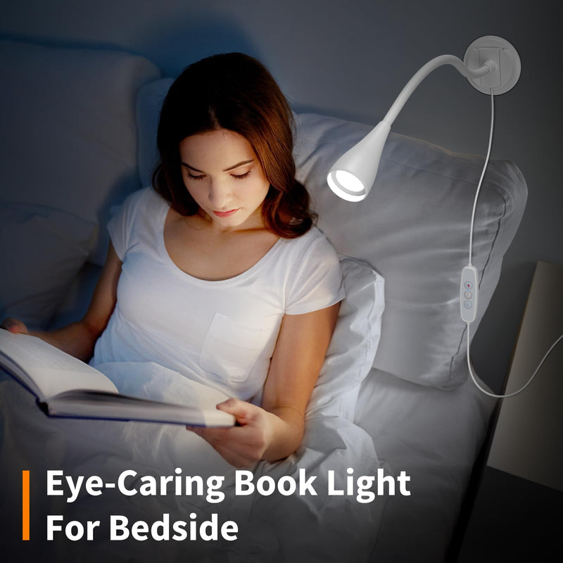 Book Light for Bed, Reading Light at Night, Wall Mount Reading Lamp for Bedside,Headboard, Eye Care LED, 5 Color & Brightness Dimmable, Flexible Gosseneck, 1 Pack, White 1Set/White