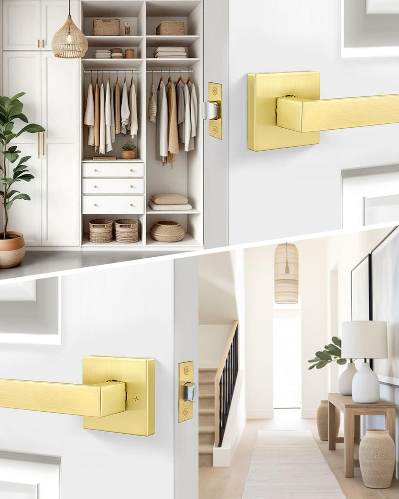 Goldenwarm Brushed Gold Passage Door Handles 1 Pack, Modern Zinc Alloy Interior Door Levers Keyless Non-Locking Passage Handleset for Hallway and Closet, Reversible Heavy Duty Lever Door Hardware