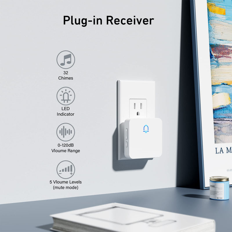 SECRUI Doorbell, 2 Receiver Wireless Doorbell with 1000ft Range, Adjustable Volume, Waterproof Design, Hassle-Free Installation, 32 Melodies, White 1 Push Button 2 Receiver