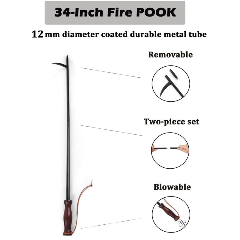 Fire Poker with Blow Poke - 34in 2-in-1 Fireplace Tool with Comfortable Wooden Handle, Durable Poker & Airflow Stick for Fire Pits, Wood Stoves & BBQ