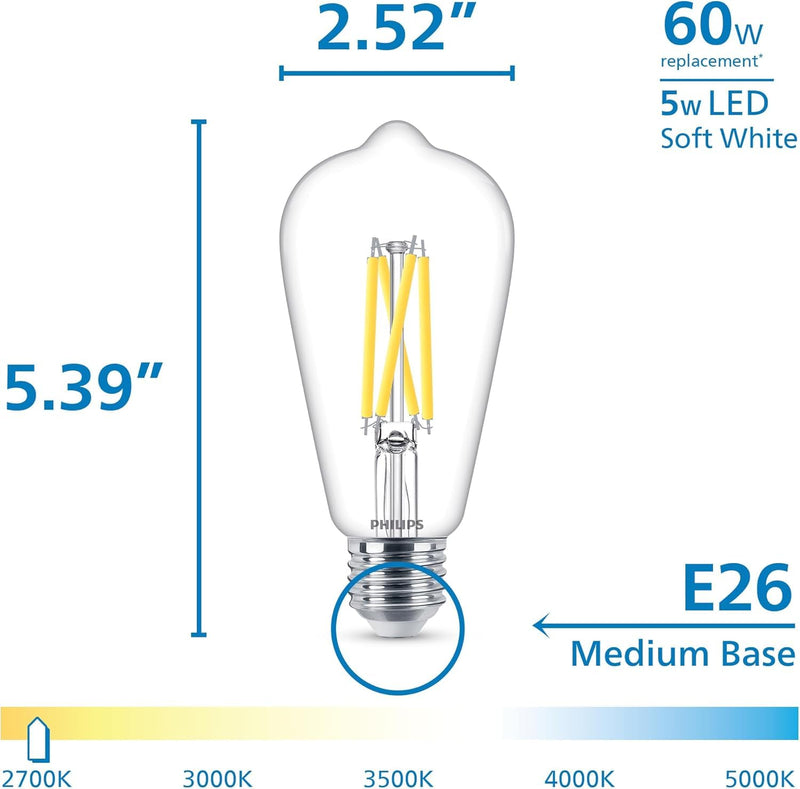 PHILIPS LED 60W ST19 3-Pack Dusk to Dawn Soft White (2700K) 500 Lumen (5W = 60W) Clear Flicker-Free Light Bulbs Soft White (2700k) 3 Pack