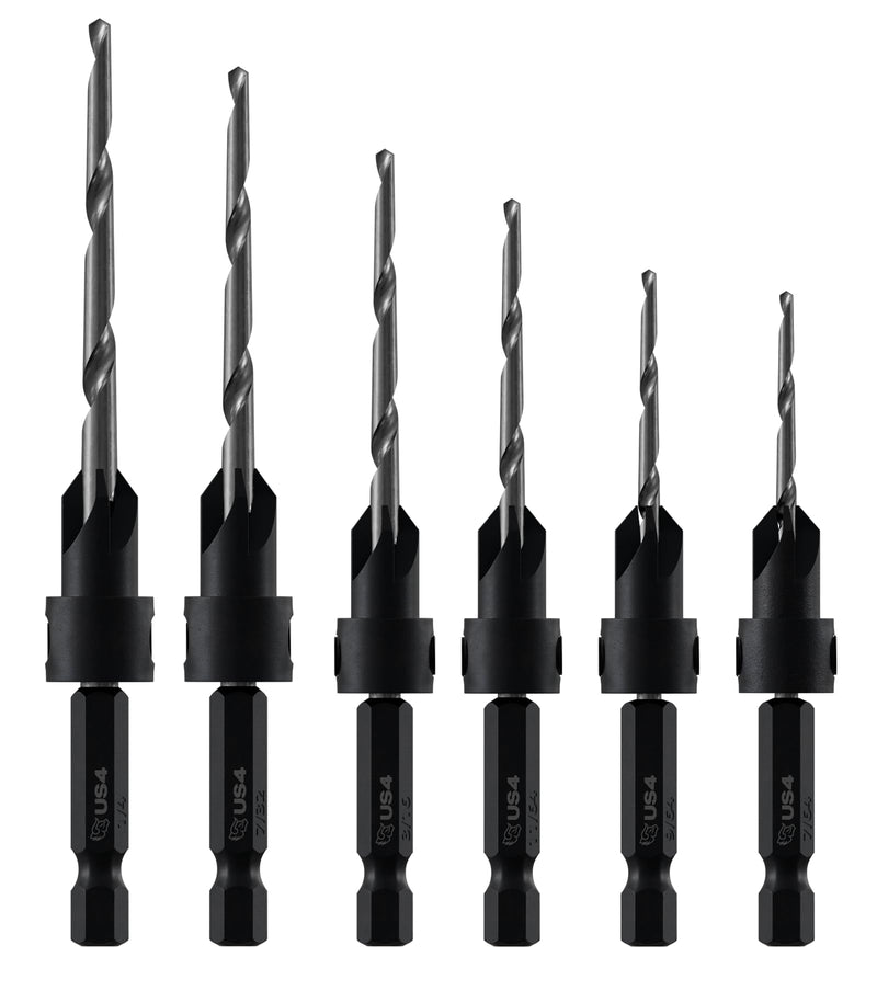8-Piece Countersink Drill Bit Set for Woodworking, 6 Tapered Pilot Hole Bits for #4#6#8#10#12#14 Screws, 2 Adjustable Depth Stop Collars, Hex Wrench Included
