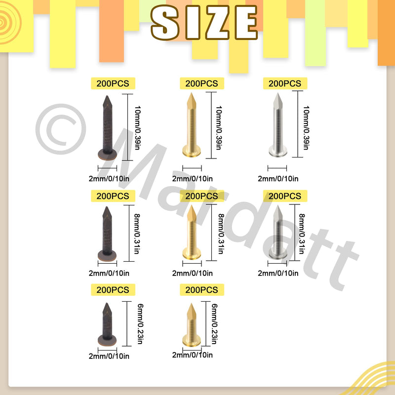 1600Pcs 3 Sizes Small Tiny Nails Assortment Kit, 1x6mm, 1x8mm 1x10mm Tiny Wooden Nails Hardware Tiny Nails Assorted Wall Nails Set for Pictures Hanging Woodworking Gold Bronze Silver