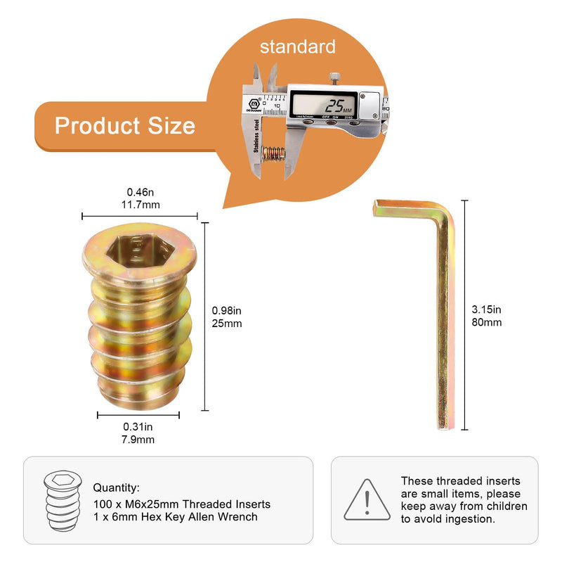 M6-1.0 x 25mm Threaded Inserts for Wood, Hex Drive Wood Nut Inserts, Exceptional Threaded Insert Nuts for Furniture, Wooden Products & Models, 100 PCS M6 x 25mm