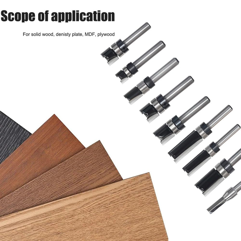 9pcs Pattern Flush Trim Router Bit 1/4 Shank, Carbide Tipped Top Bearing Template Pattern Router Bit, Straight Flush Cut Router Bit, for Wood Trimming 9pcs Pattern Bit 1/4 Shank