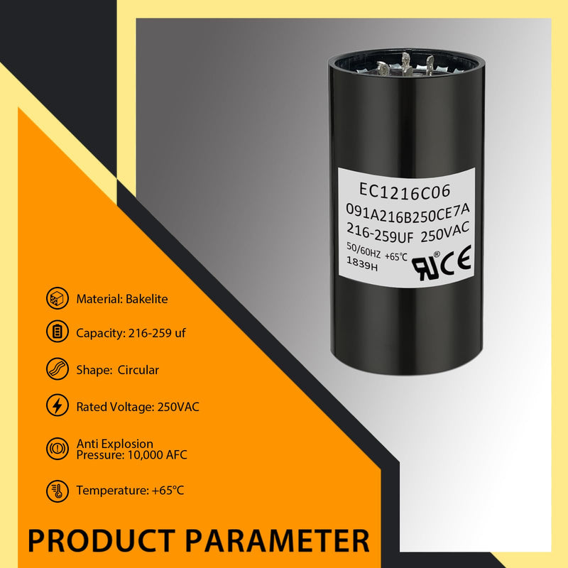 EC1216C06 Upgraded Start Capacitor 216-259uF 250V | Exact OEM Replacement For EC1216C06, Wide Compatibility Durable Reliable Powerful Motor Startup