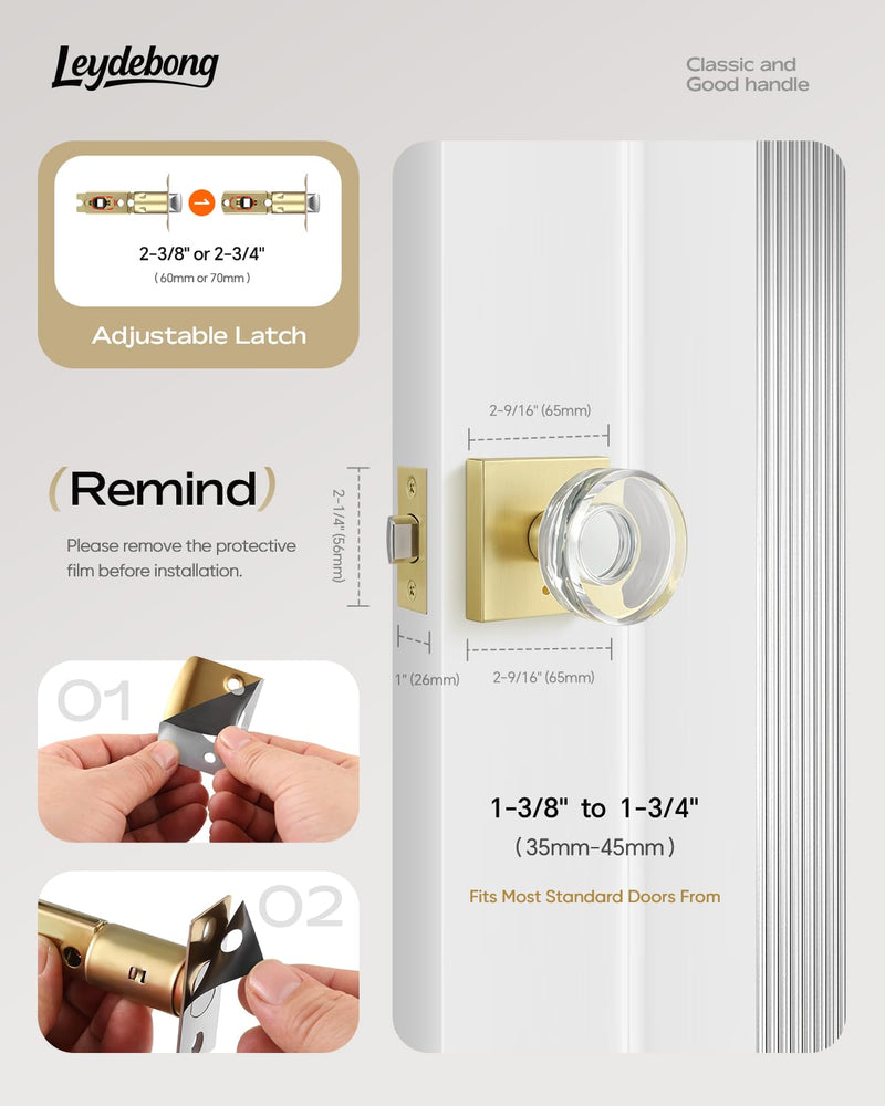 Leydebong 2 Pack Crystal Door Knobs, Gold Door Handles Interior, Premium Bathroom/Bedroom Door Levers with Lock, Glass Door Knobs Privacy Function with No Key Satin Brass - Privacy