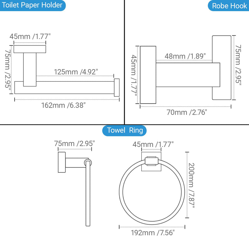 Miyili 4-Piece Bathroom Accessories Set - Includes Towel Ring, Toilet Paper Holder & 2X Towel Hooks, Brushed Stainless Steel Wall Mounted