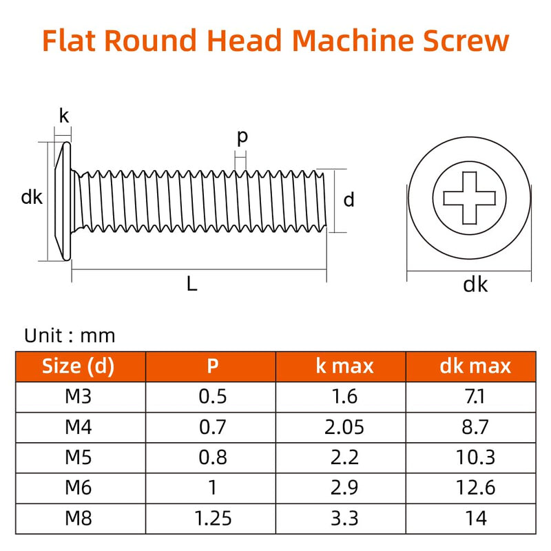 M4-0.7 x 8mm Flat Round Head Machine Screw, Furniture Bolts Countersunk Connector Screws, Stainless Steel 18-8 (304), Black Finish, Fully Threaded, 50 PCS M4-0.7 x 8mm