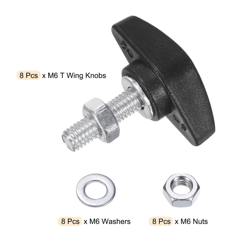 HARFINGTON 8pcs Tee Wing Knobs M6 x 20mm Metric Thread 36mm T Head Plastic Handles Thumb Screws Hand Clamping Threaded Stud Knob Grip Thumbscrew with Nuts Washers, Black