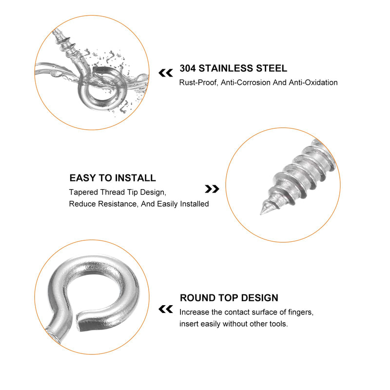uxcell 100Pcs Eye Screws, 304 Stainless Steel 8x4mm Small Self Tapping Screw Hooks Ring Mini Eye Pins for DIY Handwork Wooden Clay Pendants Cork Bottles, Silver 100