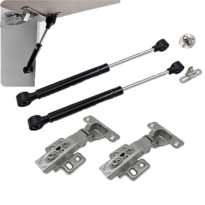 120N Black Cold-Rolled Steel Hydraulic Support Rod, Suitable for Upward-Opening Cabinet Doors — Includes 2 Cabinet Door Hinges (Including 2 Pneumatic Support rods + 2 Hinges)