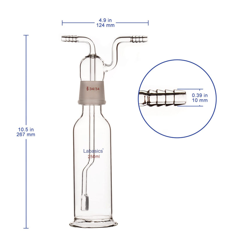 Labasics Gas Washing Bottle, Borosilicate Glass 34/34 Stopper Gas Bubbler Gas Washing Bottle with Fritted Disc and 10 mm OD Inlet/Outlet Hoses, 250 ml 8.5 Ounces